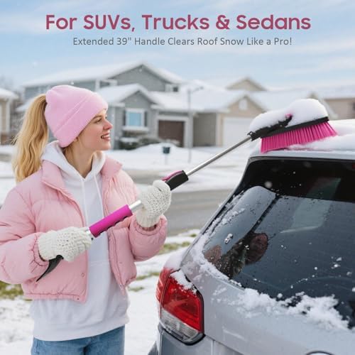 YeewayVeh 39in Car Snow Brush Ice Scraper 360° Rotating, Magenta Pink - Image 5