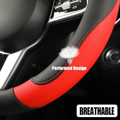 Black Red Breathable Microfiber Leather Steering Wheel Cover - Image 3