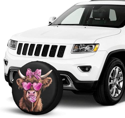 Highland Cow Pink Heart Glasses Lollipop Bow Spare Tire Cover - Image 2