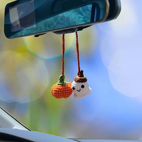 Crochet Car Mirror Hanging Accessories, Halloween Pumpkin and Ghost Cute Car - Image 2