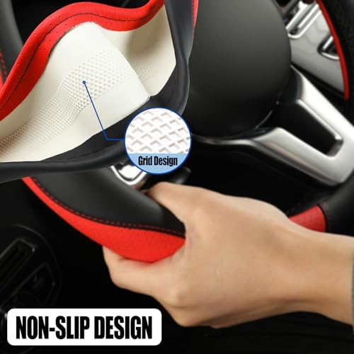 Black Red Microfiber Leather Steering Wheel Cover 14 inch - Image 4