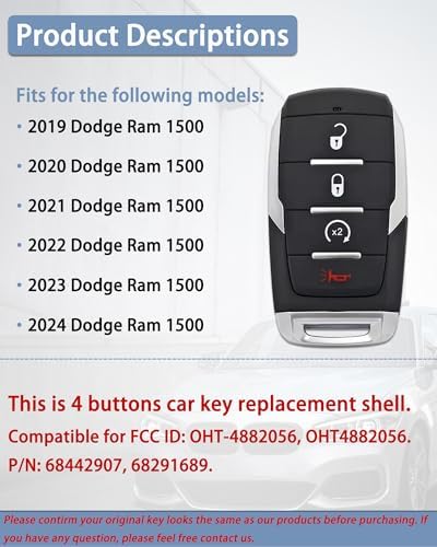 Key Fob Cover Replacement for 2019-2024 Ram 1500, 4-Button Remote Start Key - Image 3