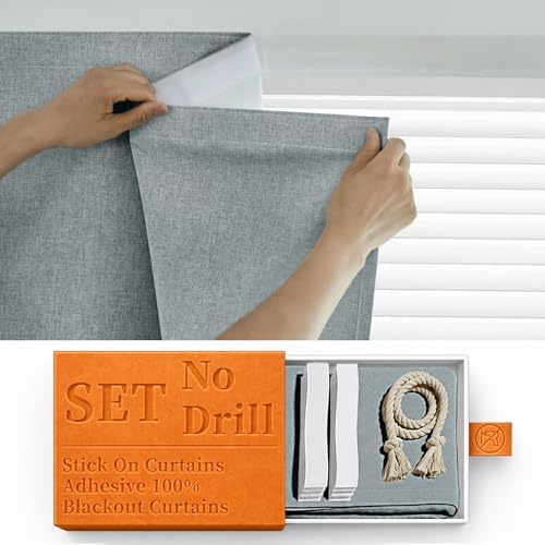 100% Blackout Curtains for Bedroom Stick On Curtain Window Shades Pull Down by Sovtfides