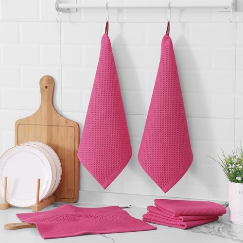 Kitinjoy 100% Cotton Waffle 8-Pack Kitchen Towels, Hot Pink - Image 6