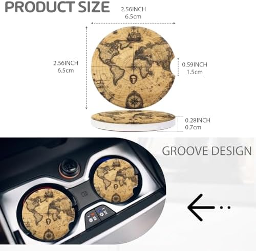 Cup Holder for Car, Rustic Ancient World Map Print Ceramic Coasters Non-Slip - Image 3