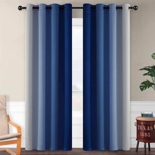 SimpleHome Ombre Royal Blue to Grey White Curtains - Image 2