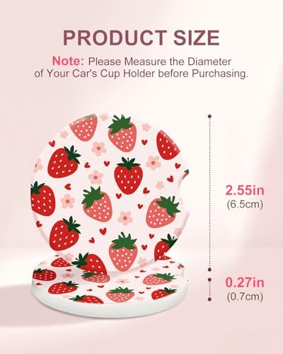 Swooflia Cute Girly Ceramic Car Coasters Strawberry Cup Holder Coasters - Image 2
