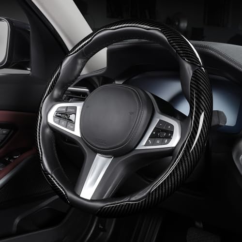 Carbon Fiber Steering Wheel Cover Universal 3pcs Protector Glossy Black - Image 3