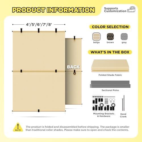 Outdoor Roller Shade 8'W x 6.5'H Cordless Shades Roll Up, Folding Exterior - Image 5