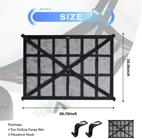 Car Ceiling Cargo Net with 2*Headrest Hook, Large Capacity Anti-Fall Cargo Net - Image 2