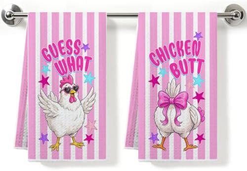 2 Pcs Funny Chicken Kitchen Towels, Soft Absorbent Waffle Hand Tea Towel 01 by ZHAMEN