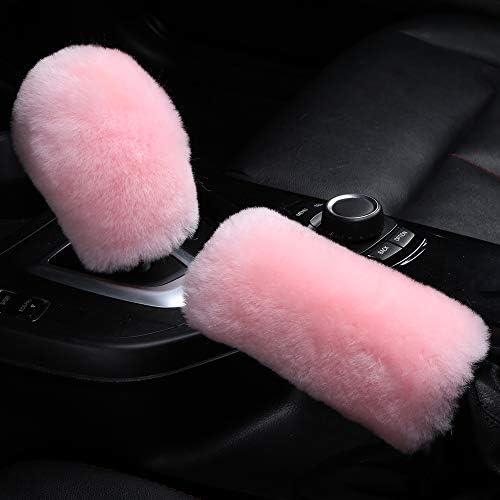 3Pcs/Set Pure Wool Fur Furry Steering Wheel Soft Handbrake Cover Pink - Image 3