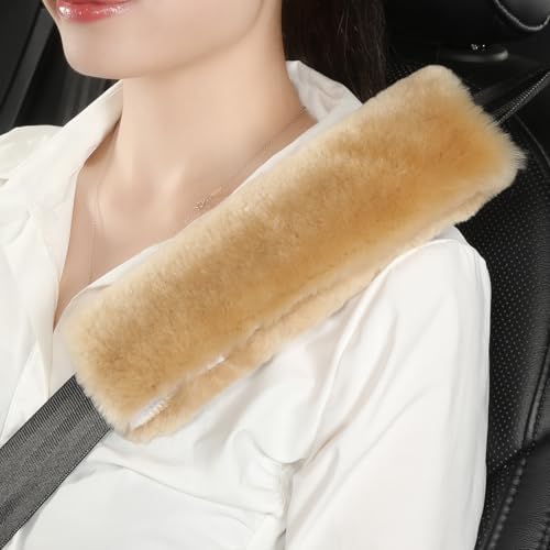 AOGELAN 2 Pack Fluffy Fuzzy Genuine Sheepskin Car Seat Belt Cover, Seatbelt by AOGELAN