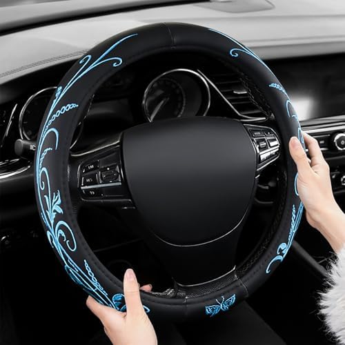 Blue Embroidery Butterfly Car Steering Wheel Cover, 14.5-15 Inch Universal - Image 2