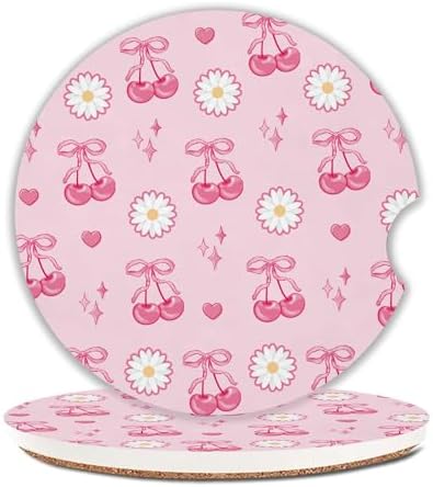 Pink Bow Cherry Car Coasters Set of 2 by Unknown