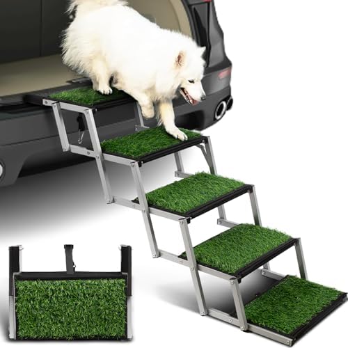 Grass Dog Stairs for Car, Non-Slip Folding Dog Ramps for Large Dogs, 5 Steps by Niubya