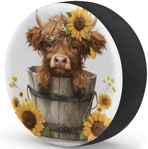 Spare Tire Cover for RV Trailer, Cute Highland Cow Sunflowers Waterproof Sun - Image 2
