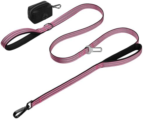 Double Handle Dog Leash with Poop Bag Holder and Car Seat Belt Buckle by WINGOIN