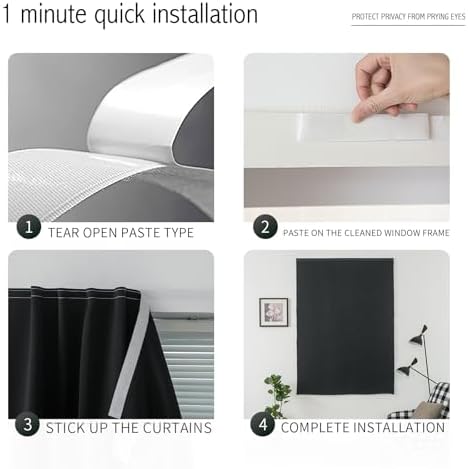 Thermal Blackout Curtains with Self Adhesive Tape No Rod No Drill Easy Install - Image 3