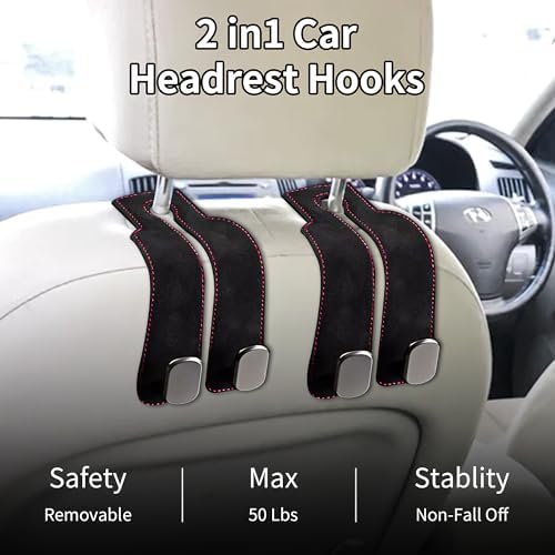 Suede Leather Headrest Hooks for Car, 2 Pack Double Seat Back Organizer Hooks - Image 3