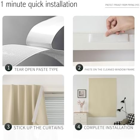 Thermal Blackout Curtains with Self-Adhesive Tape, No Rod No Drill Easy Install - Image 3