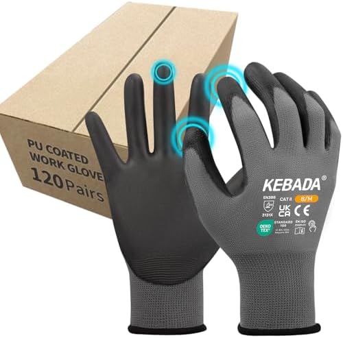 Kebada W1 Safety Work Gloves for Men Women, 120 Pairs Bulk Pack, PU Coated by KEBADA