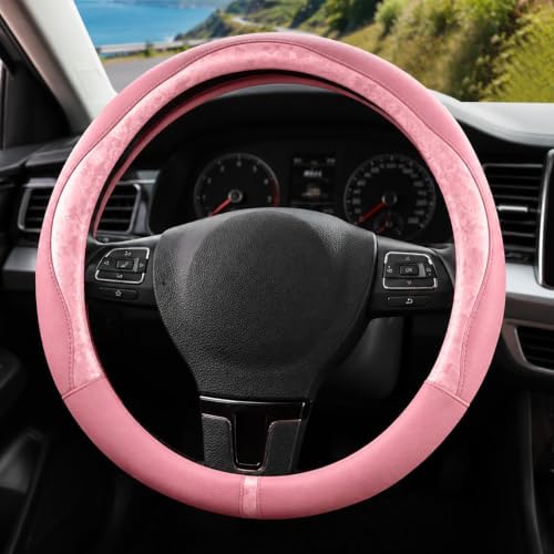 Pink Patterned Leather Patchwork Steering Wheel Cover, 14.5-15 Inch Universal - Image 3
