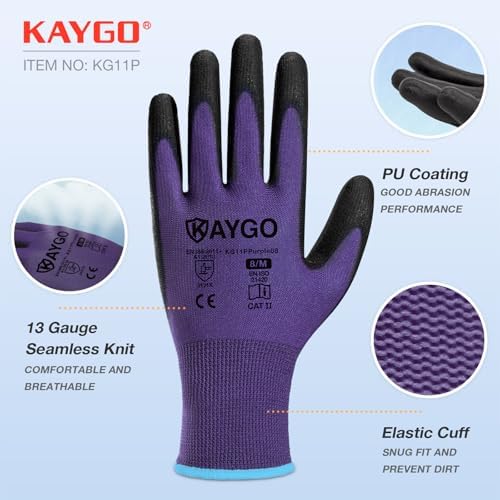 KAYGO Safety Work Gloves for Men Women, PU Coated Palm & Fingers - Image 2