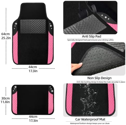 NBTEPEM 10 Pcs Bling Pink Car Floor Mats Set, Leather Pink Steering Wheel - Image 4