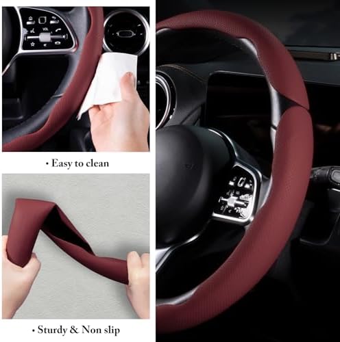 Car Steering Wheel Cover Leather 14.5-15 in Universal 3Pcs Set Wine Red - Image 6