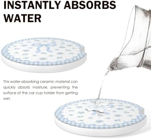 Blue Bow Car Coasters for Cup Holders Set of 2 Floral Absorbent Ceramic Cup - Image 6