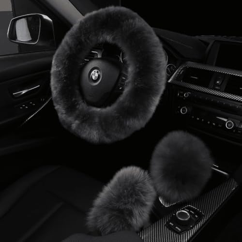 3Pcs Set Fashion Fluffy Fuzzy Wool Fur Soft Steering Wheel Cover - Image 7