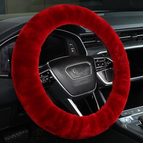 Red Fuzzy Sheepskin Car Steering Wheel Cover - Image 2