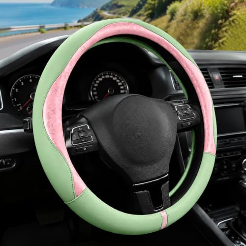 Pink & Green Patterned Leather Patchwork Steering Wheel Cover, 14.5-15 Inch - Image 2