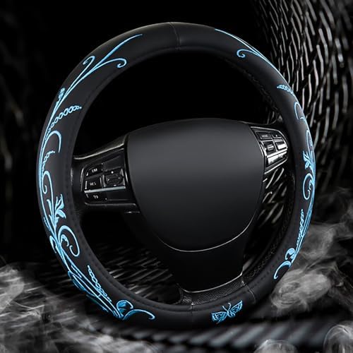 Blue Embroidery Butterfly Car Steering Wheel Cover, 14.5-15 Inch Universal - Image 7