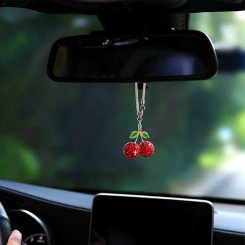 Bling Cherry Car Hanging Ornament, Cute Crystal Rear View Mirror Pendant - Image 3