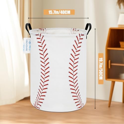 Round Laundry Basket Collapsible Storage Hamper Organizer Red Baseball - Image 2