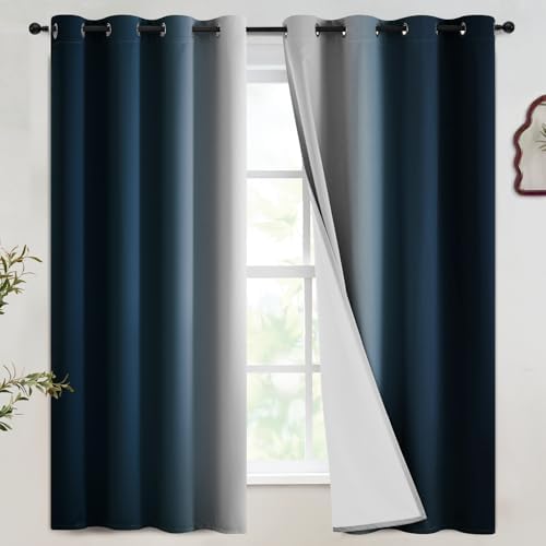 SimpleHome Ombre Navy Blue 100% Blackout Bedroom Curtains White Liner 63L by SimpleHome