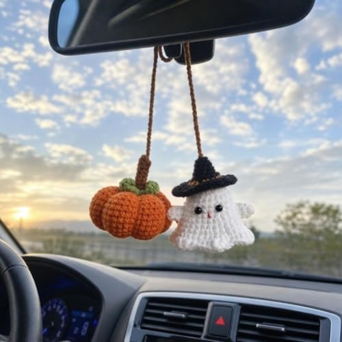 Halloween Crochet Pumpkin Ghost Car Mirror Pendant Charm - Image 4