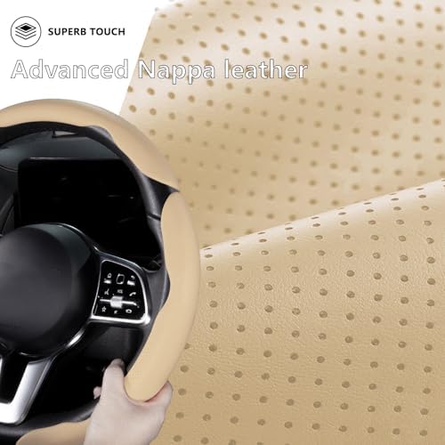 Car Steering Wheel Cover Leather 14.5-15 in Universal 3Pcs Set Beige - Image 4