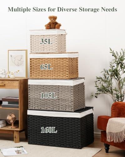 SETVSON Storage Basket with Lid PE Rattan Woven Storage Bins, 65L Black - Image 3