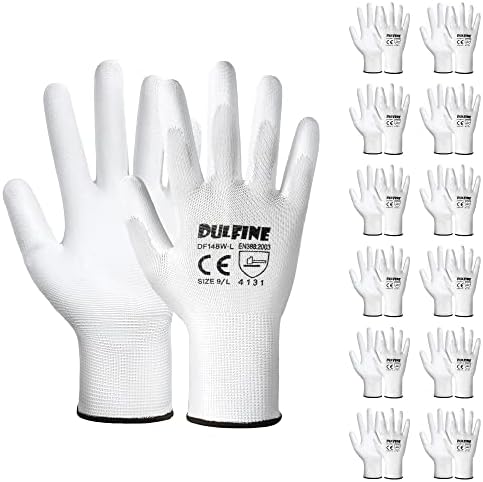 DULFINE Safety Work Gloves for Men & Women 12 Pairs, PU Coated White XXL by DULFINE