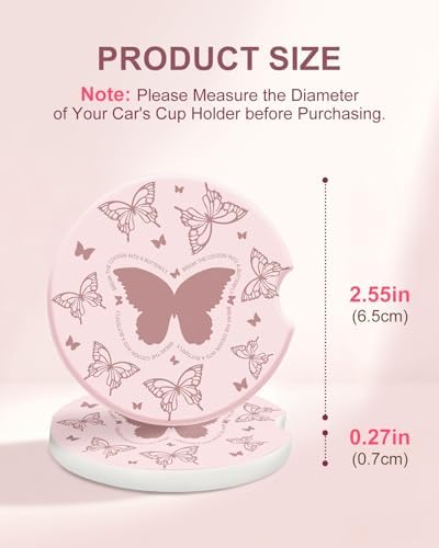 Swooflia Cute Girly Ceramic Car Coasters Pink Butterfly Cup Holder Coasters - Image 2