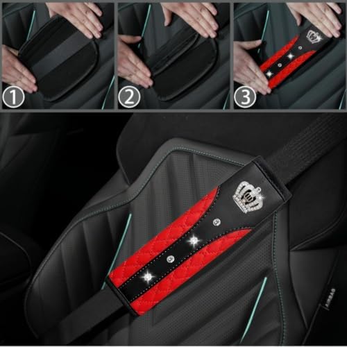 NBTEPEM 10 Pcs Bling Red Car Floor Mats Set, Leather Red Steering Wheel Covers - Image 7