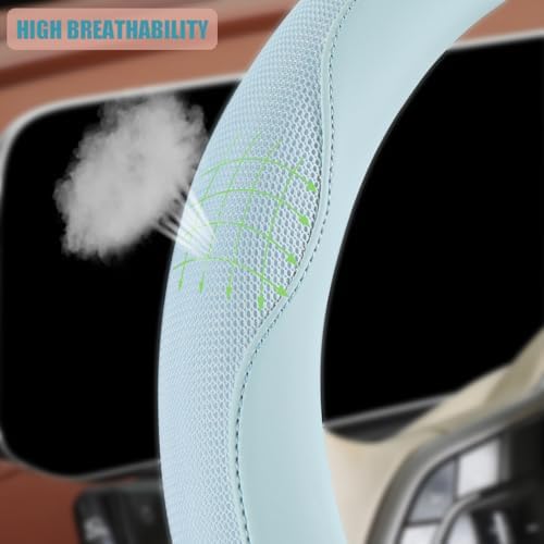 Nappa Leather Ice Silk Fabric Blue Steering Wheel Cover - Image 3