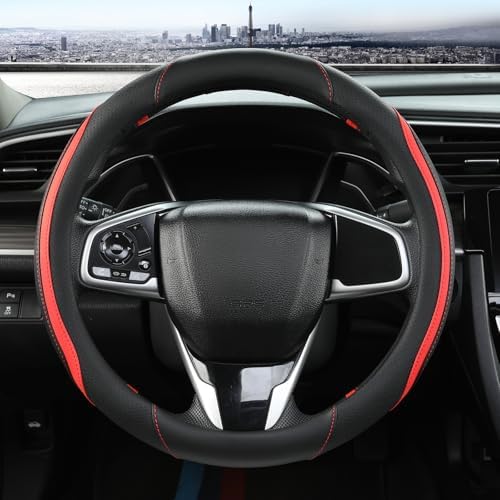 Szttswamp Car Steering Wheel Cover, Microfiber Leather Red 14.5-15 Inch by Szttswamp