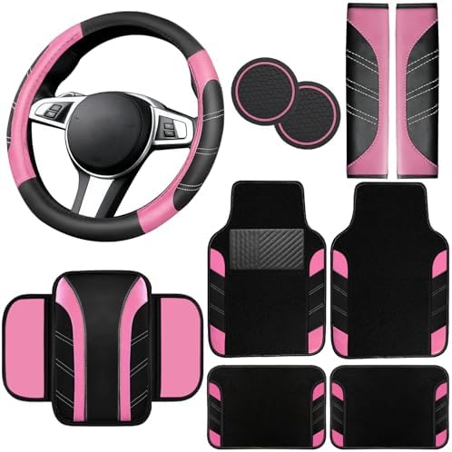 NBTEPEM 10 Pcs Pink Car Floor Mats Full Set & Sport Leather Pink Steering Wheel by NBTEPEM