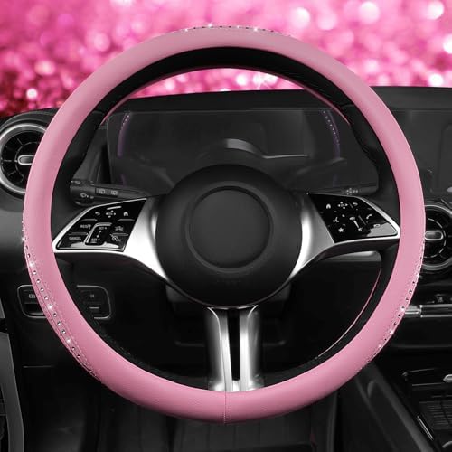 CAR PASS Bling Diamond Pink Leather Steering Wheel Cover, Studded Shining - Image 3
