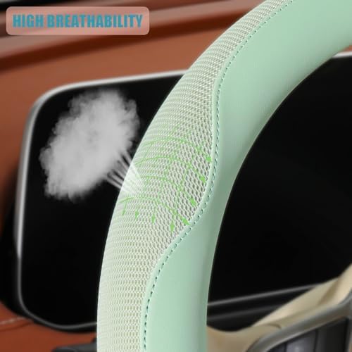 Nappa Leather Ice Silk Fabric Green Steering Wheel Cover - Image 3