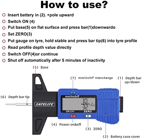 SAFELIFE Digital Tire Tread Depth Gauge, 3 Modes-Fractional Inch, Decimal Inch - Image 5